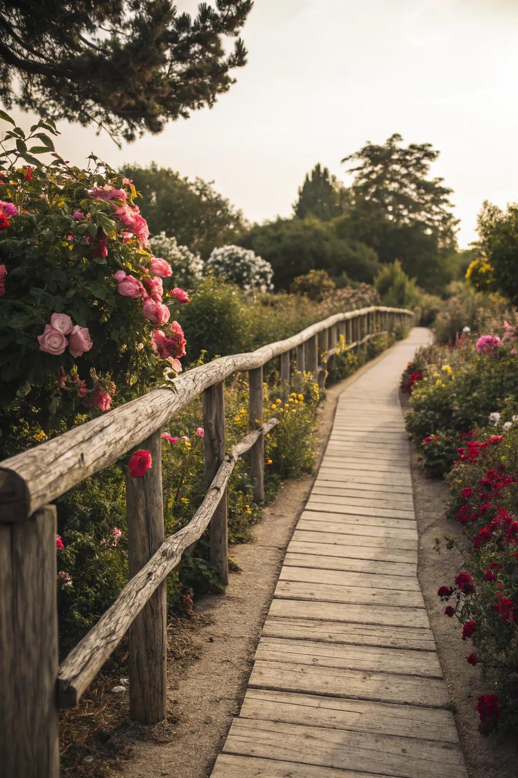 Classic wooden railings add rustic charm to any garden path.