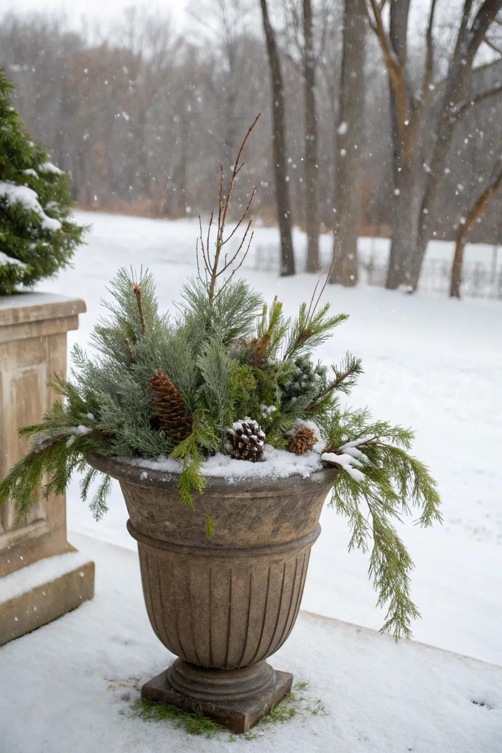 Evergreens impart timeless elegance to wintertime pots.