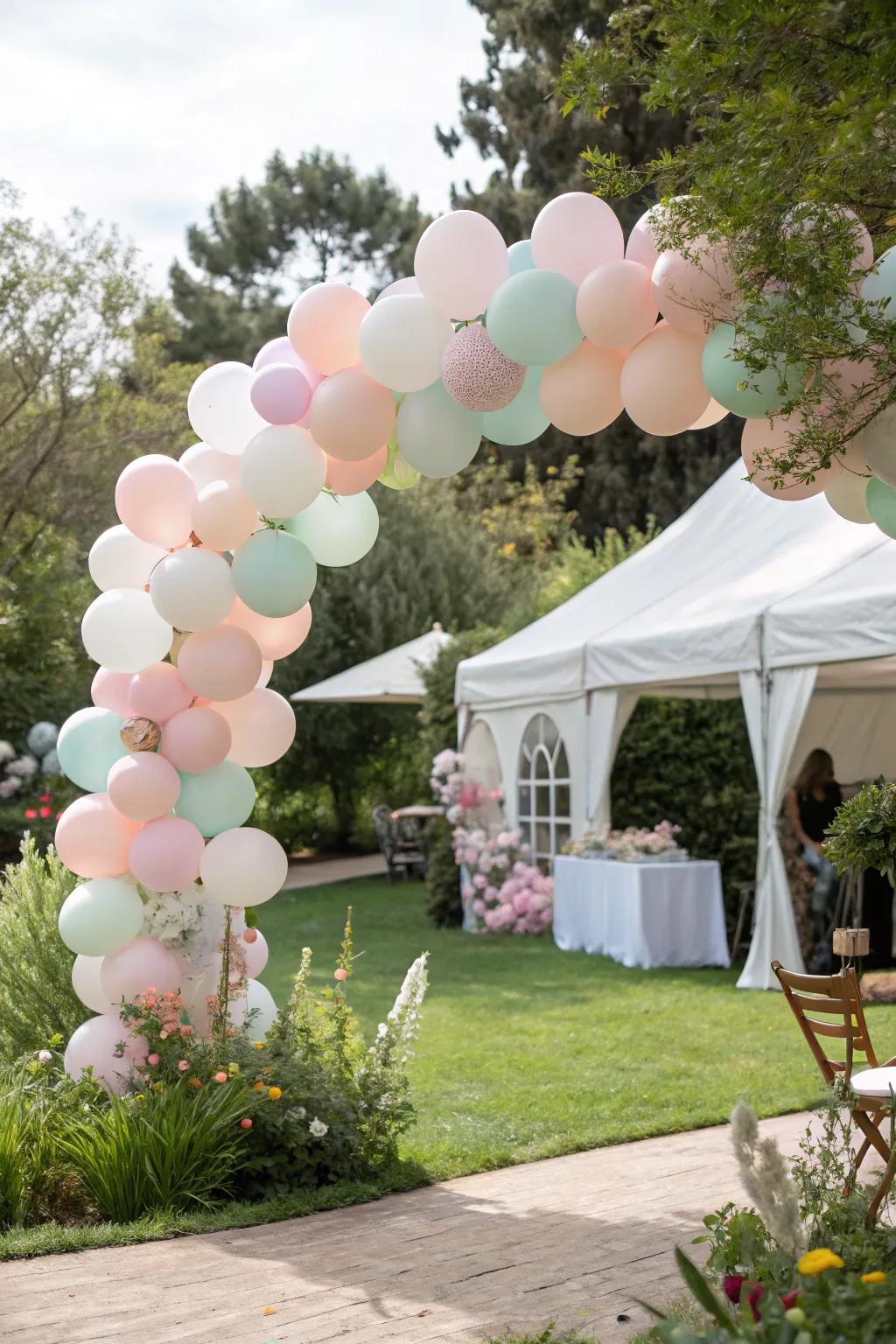 Balloons in soft hues create a joyful and whimsical entrance.