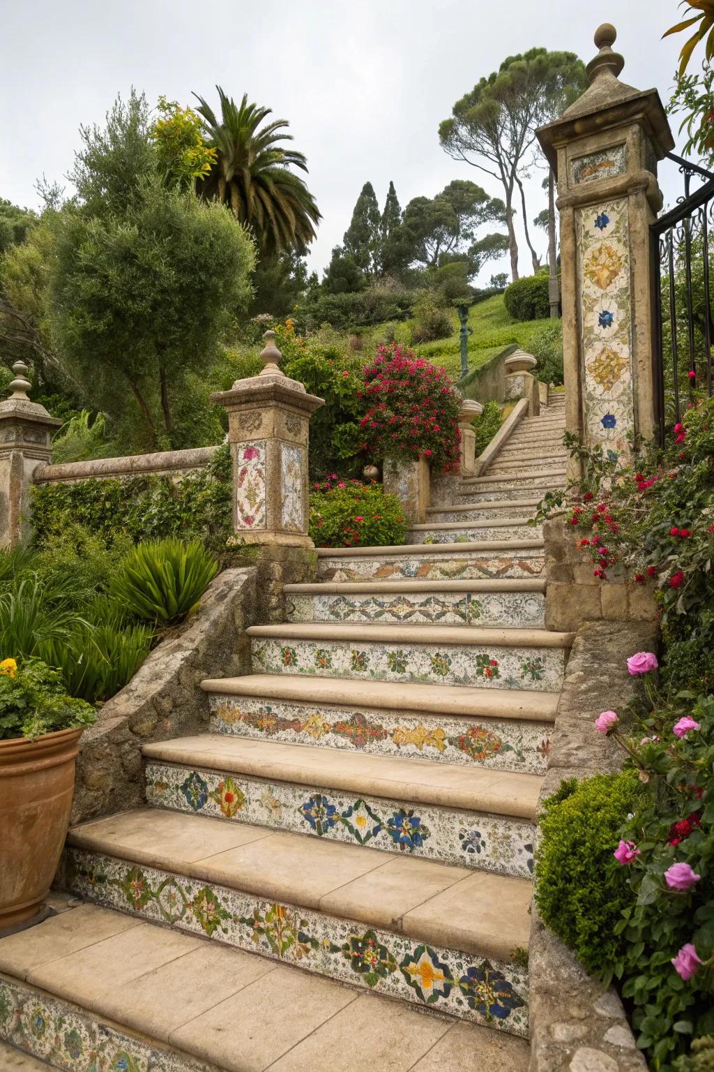 Unique stone steps featuring an artistic mosaic pattern.