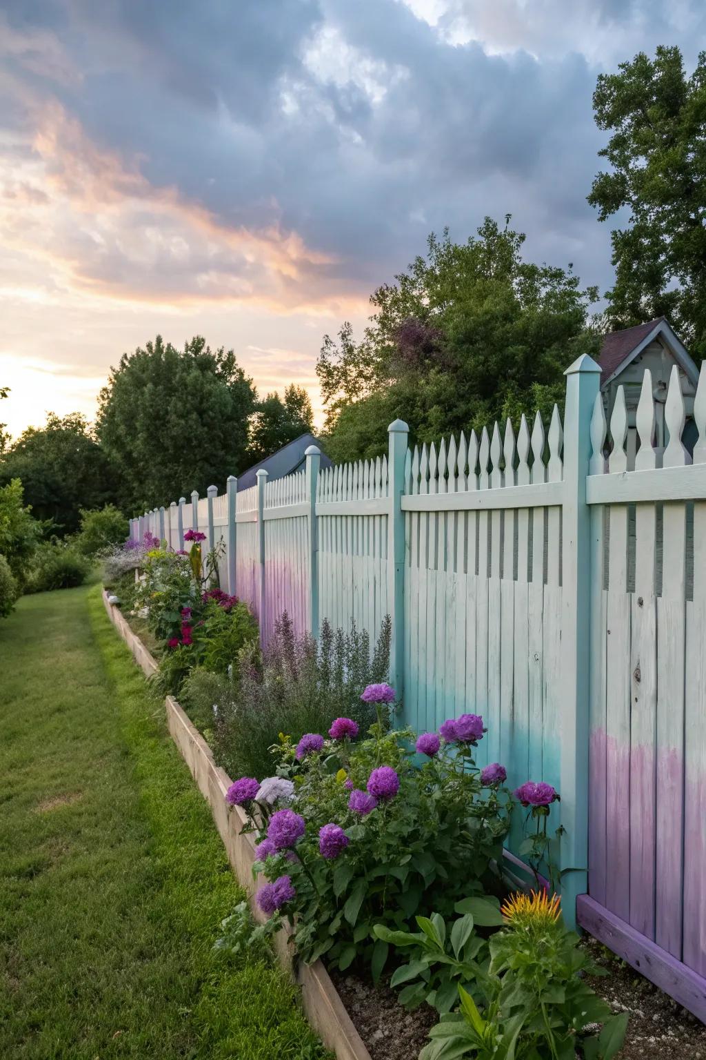 An enchanting gradient picket fence, transitioning gracefully from a dark base to a lighter top.