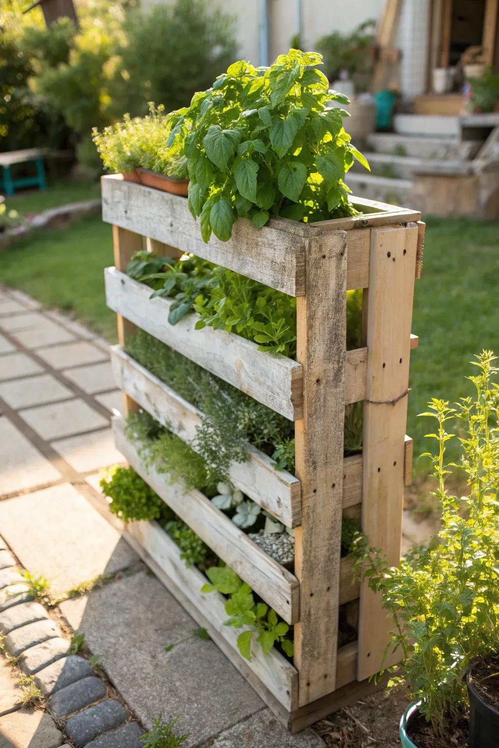 Elevate your garden game with this stunning vertical herb garden made from a simple pallet. Fresh flavors at your fingertips!