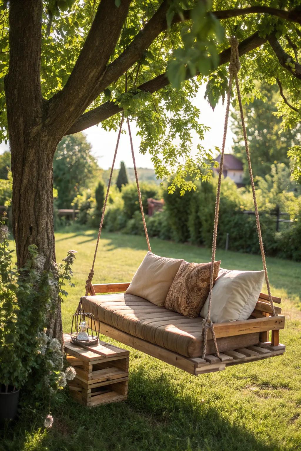 Find tranquility in craftsmanship: A rustic pallet swing perfect for your garden retreat.