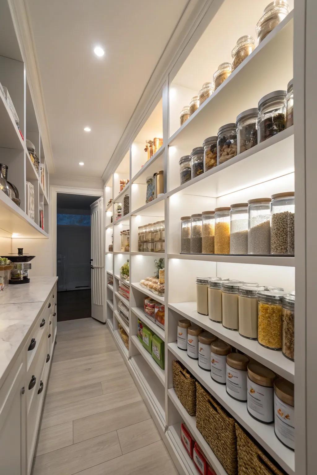 A spacious walk-in pantry featuring intelligent shelving and sophisticated lighting.