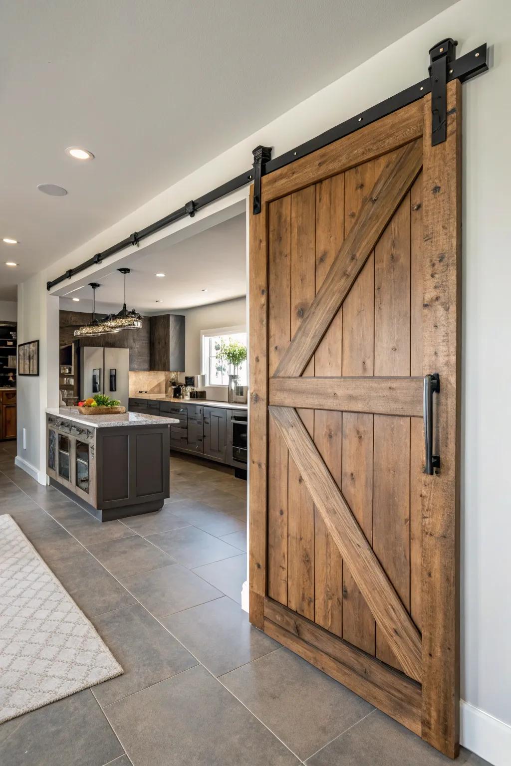 Barn doors introduce rustic appeal and practicality into any kitchen setting.