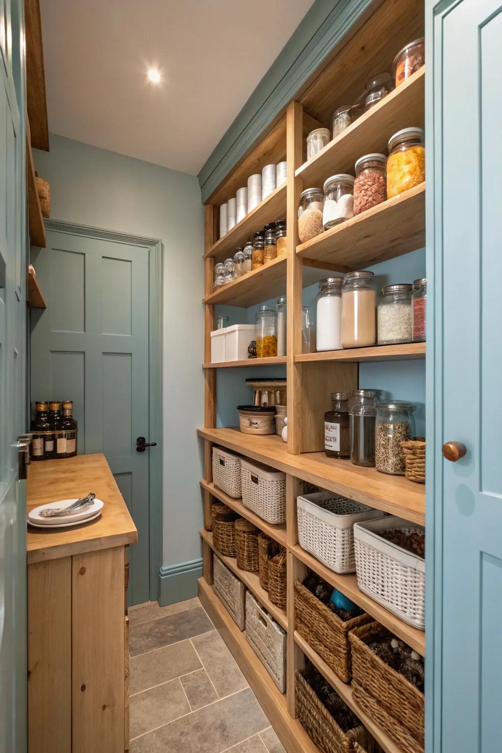 A soft blue pantry that feels airy and inviting.