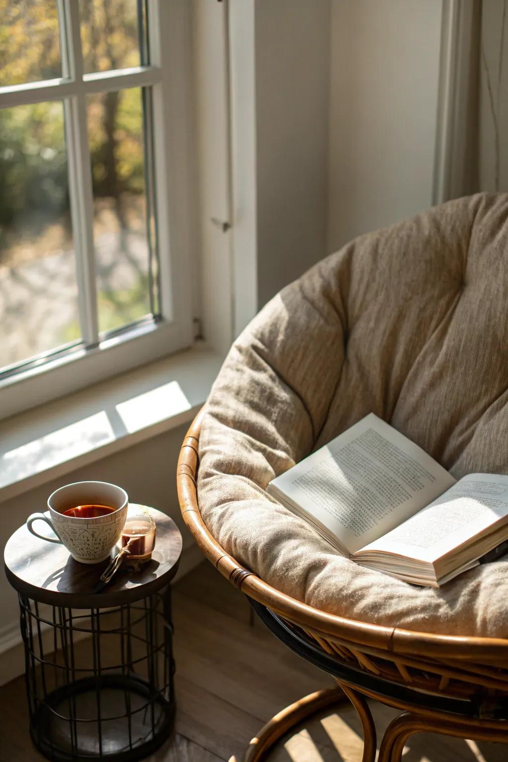 A serene reading nook with a papasan chair bathed in natural light.