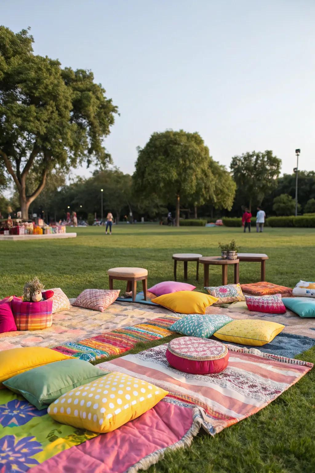 Comfortable picnic blankets and cushions establish a relaxing seating arrangement.