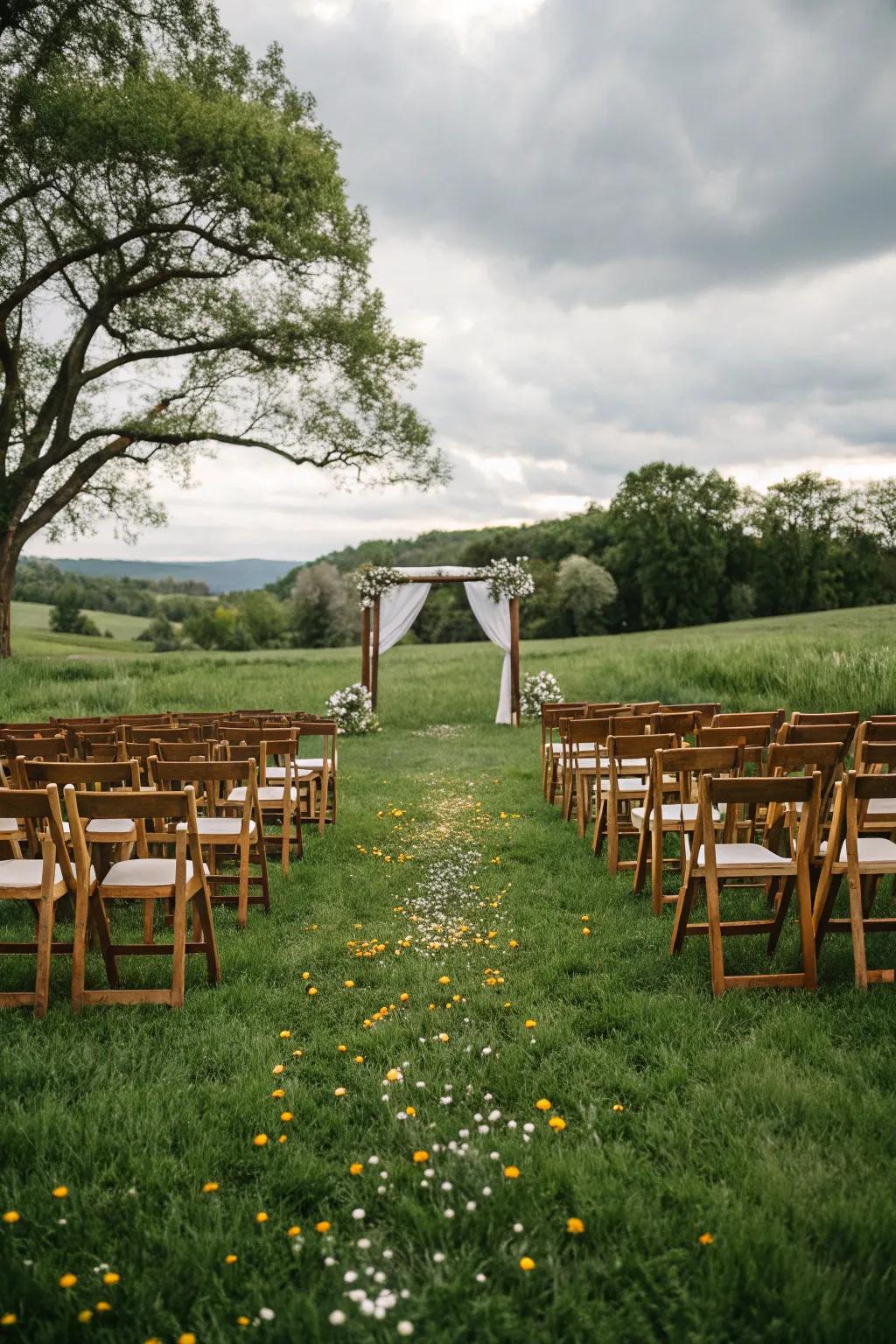 Timber seating prepared on a thriving pasture for the matrimonial service.
