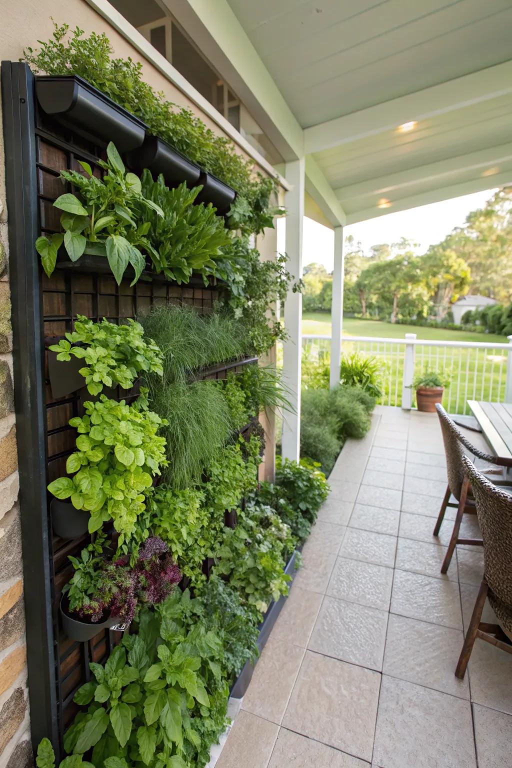A vertical garden wall brimming with fresh herbs and greens.