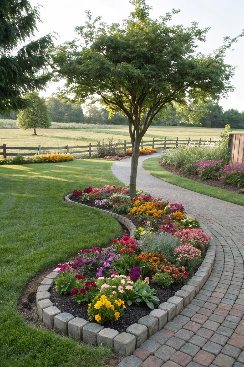 Curved paver flower beds bring a touch of sophistication to any garden.