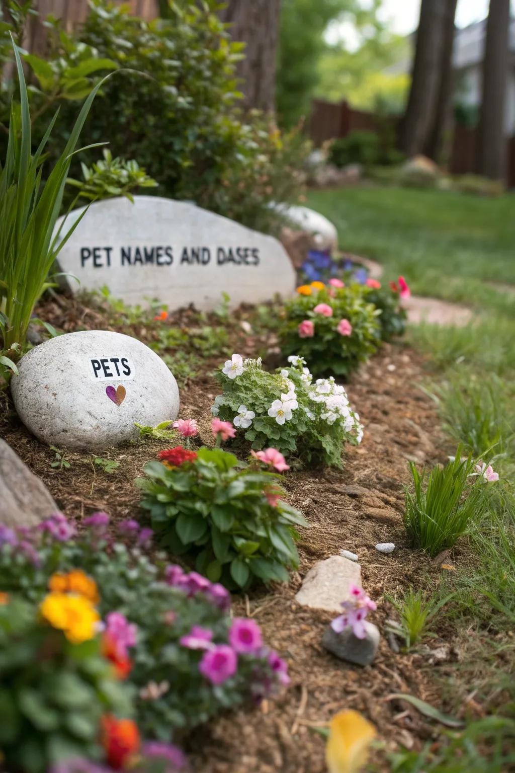 Engraved stones nestled among blossoming flowers lend a personal and comforting essence to the garden.