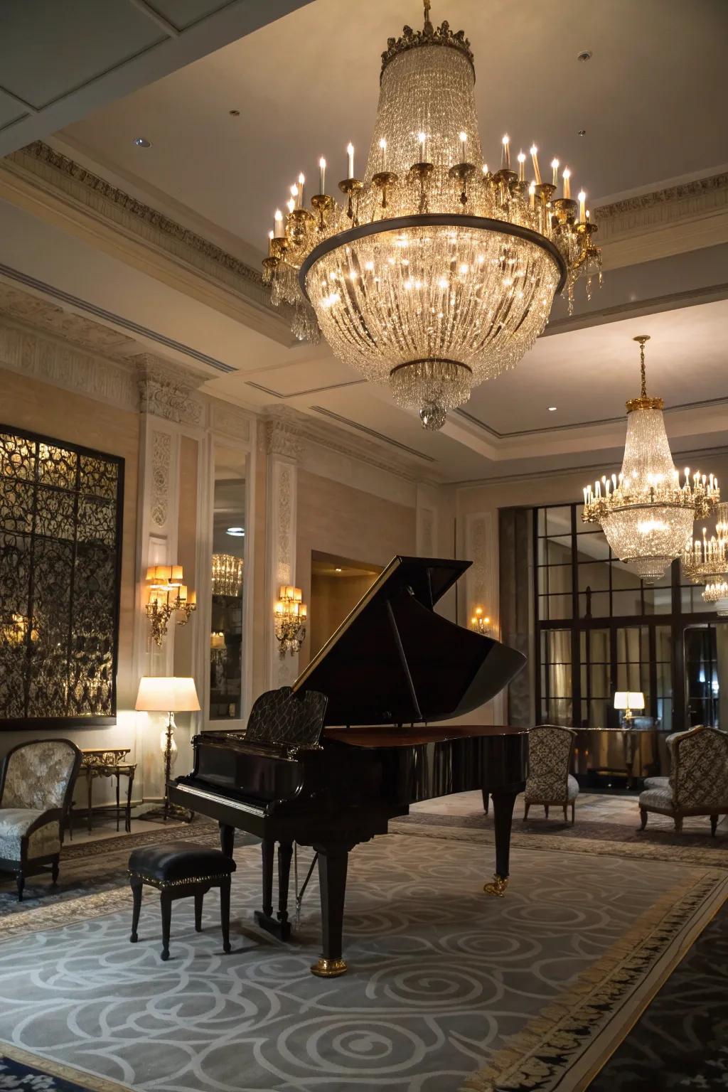 The light fixture infuses the piano room with sophistication and soft illumination.
