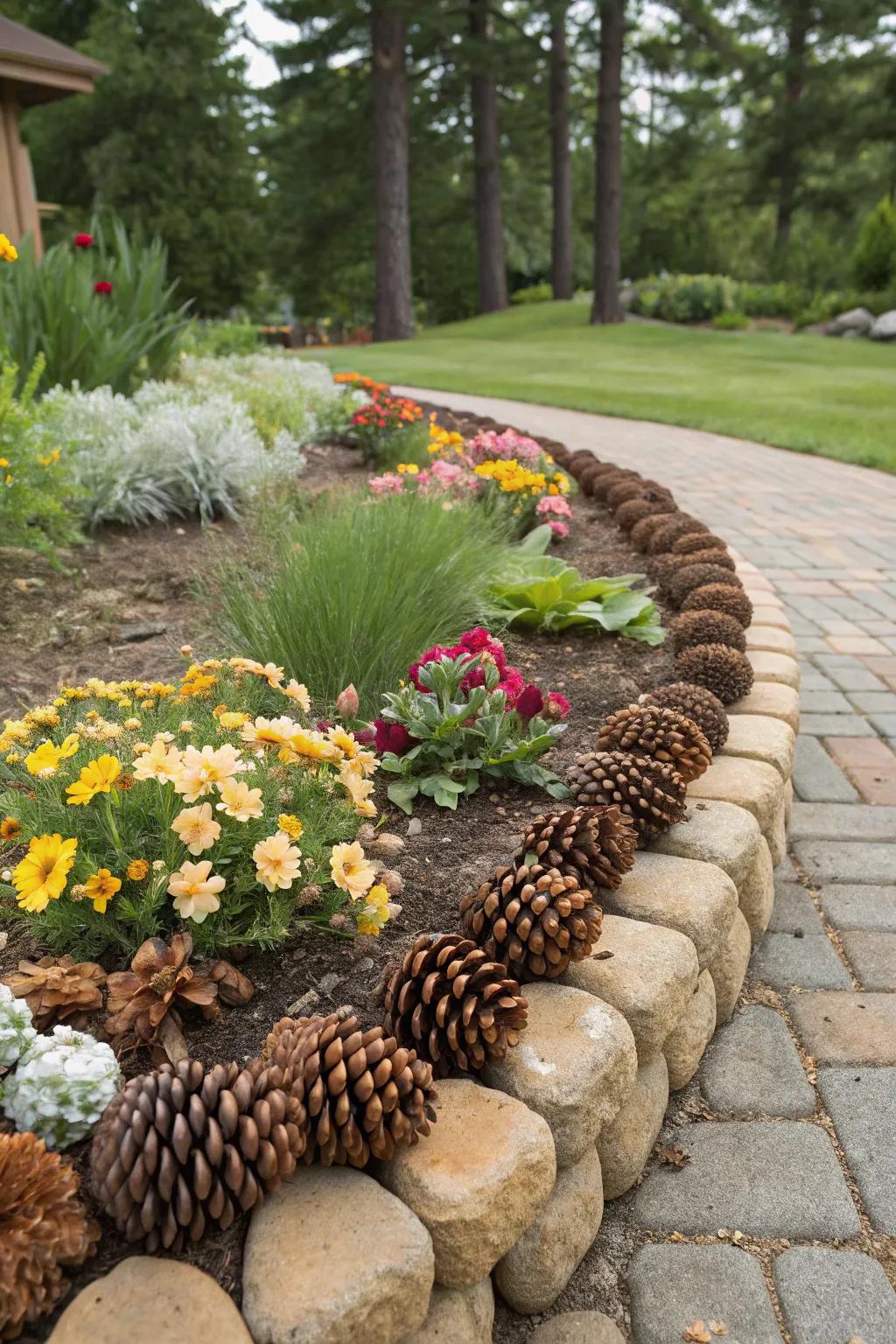 Pinecones artfully delineate garden beds, creating a natural border.
