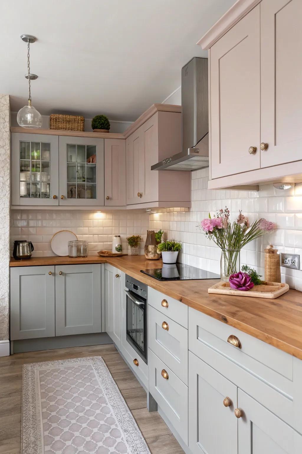 A peaceful kitchen showcasing gentle pink and soft grey shades.