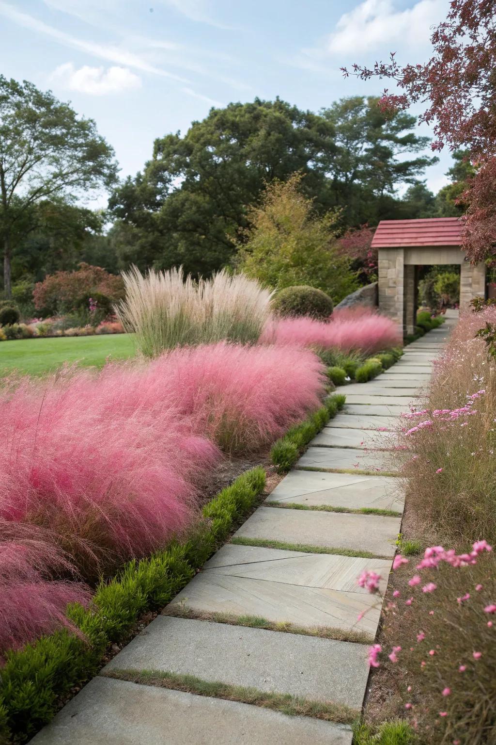 Enchant your garden path with the beauty of pink muhly grass.