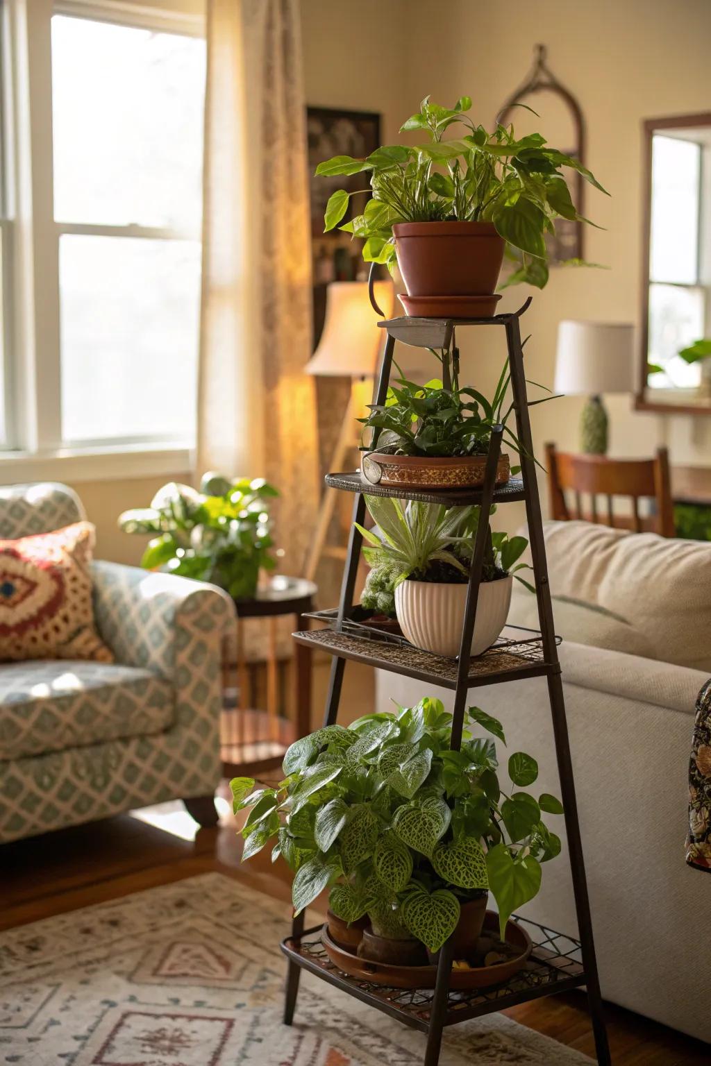 Maximize space with tiered plant stands.