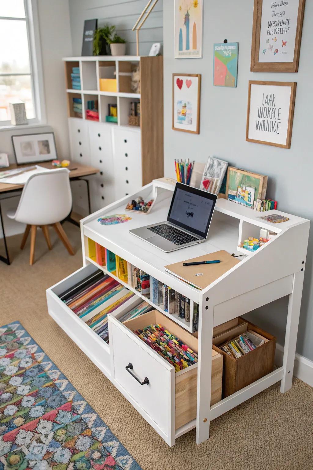 A desk that easily transitions from work to play.