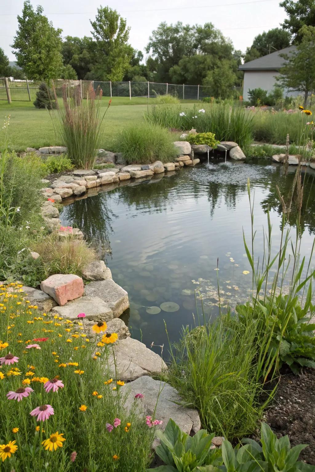 A pond with natural rock borders that effortlessly melts into the garden.
