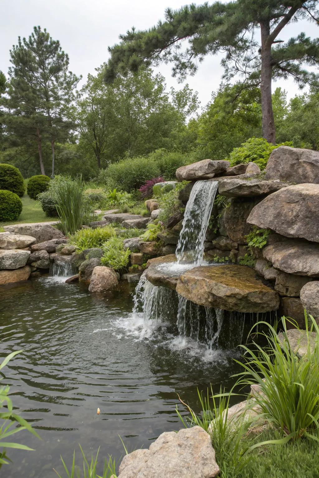 Natural stones create a cascading effect, adding a touch of nature to your pond fountain.