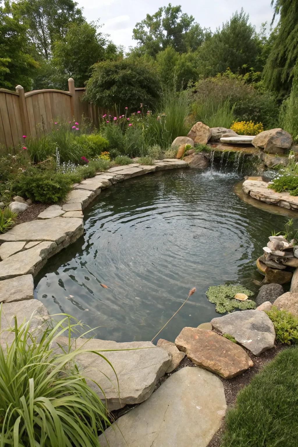 A pond featuring organic stone edges, perfectly integrated within its setting.