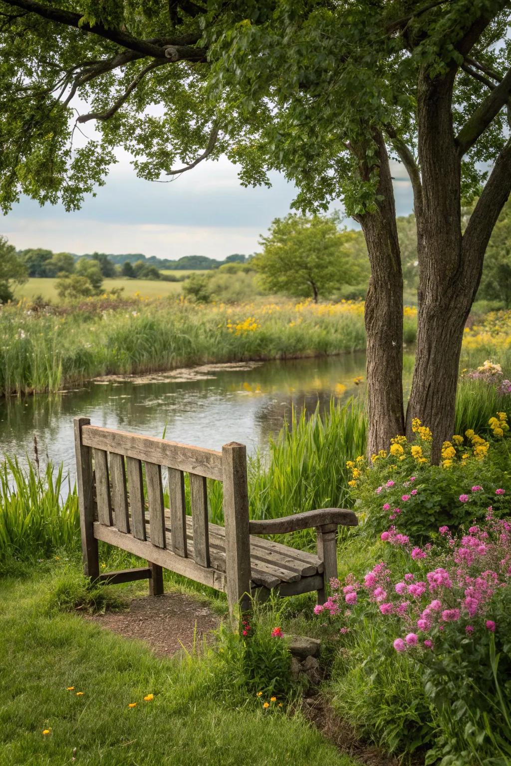 A rustic wooden bench offers a charming place to relax by the pond.