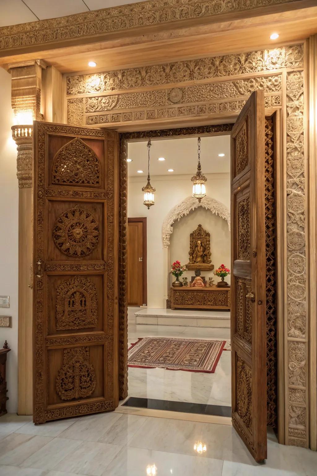 Elegantly carved doors that welcome you into a sacred space.