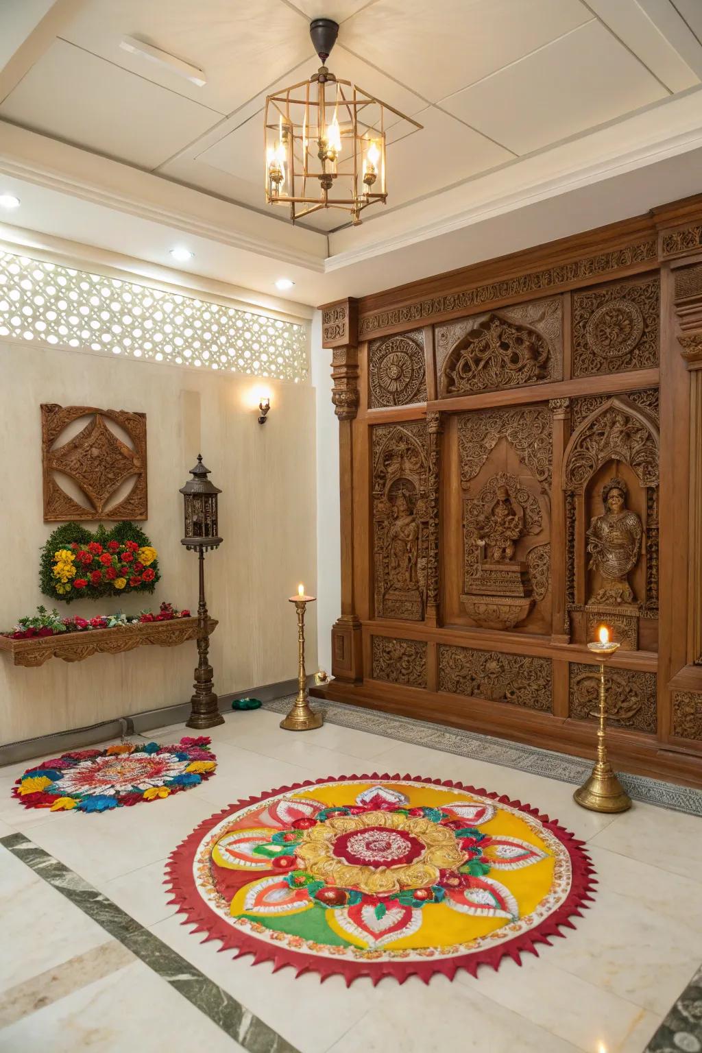 An ornate scene boosts the sacred vibe of this pooja room.