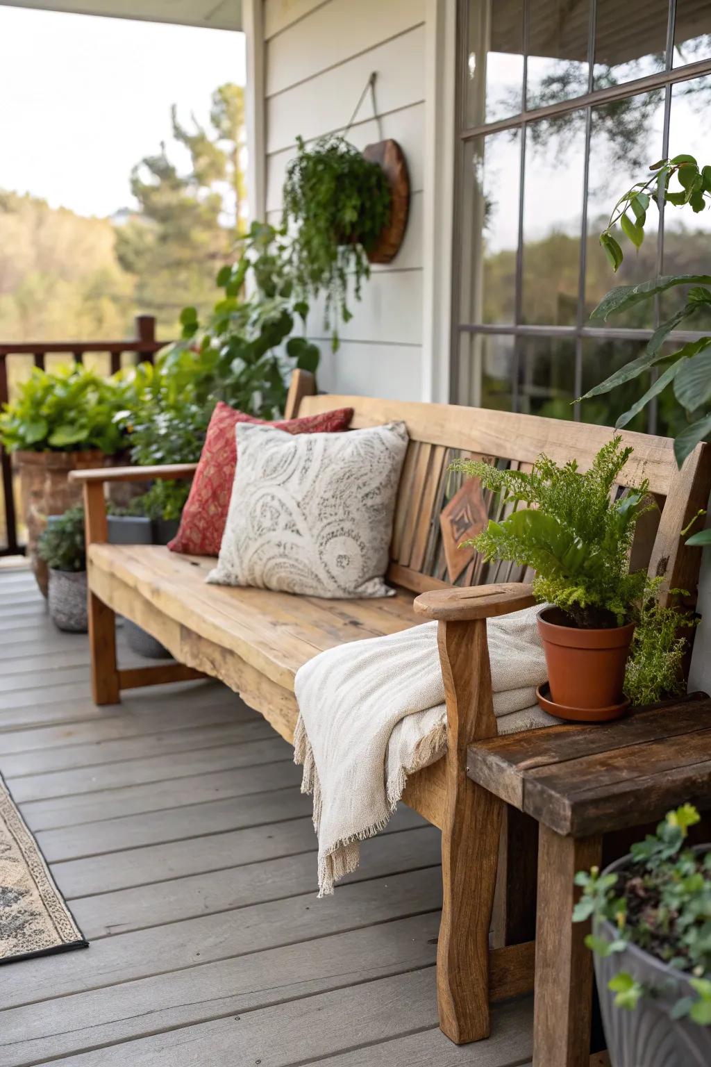 A live edge wooden bench brings a touch of nature to any porch.