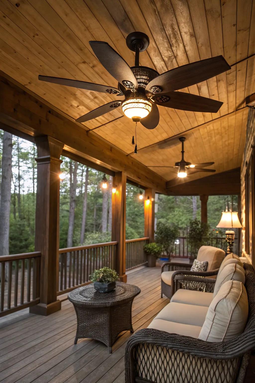 A timeless ceiling fan adds charm and function to this cozy porch.