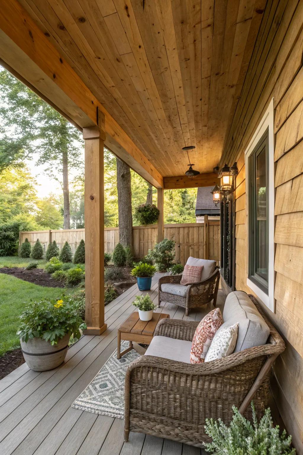 A charming rustic wooden knee wall on a porch.