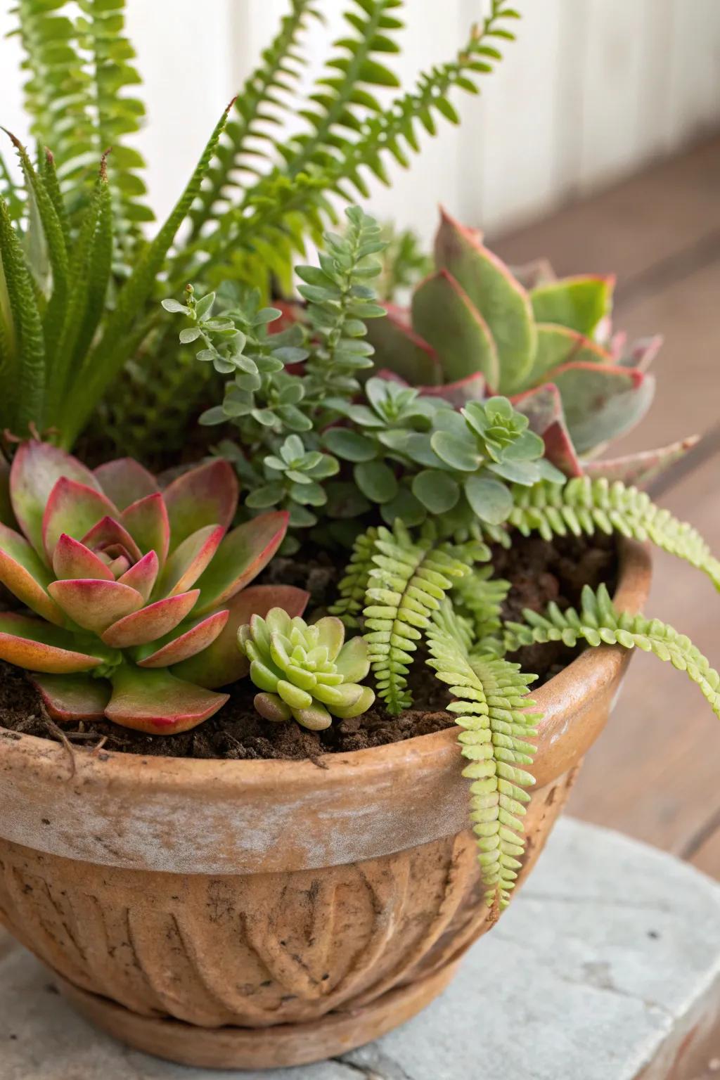 The delightful juxtaposition of textures showcased by succulents and ferns coexisting harmoniously within a single container.