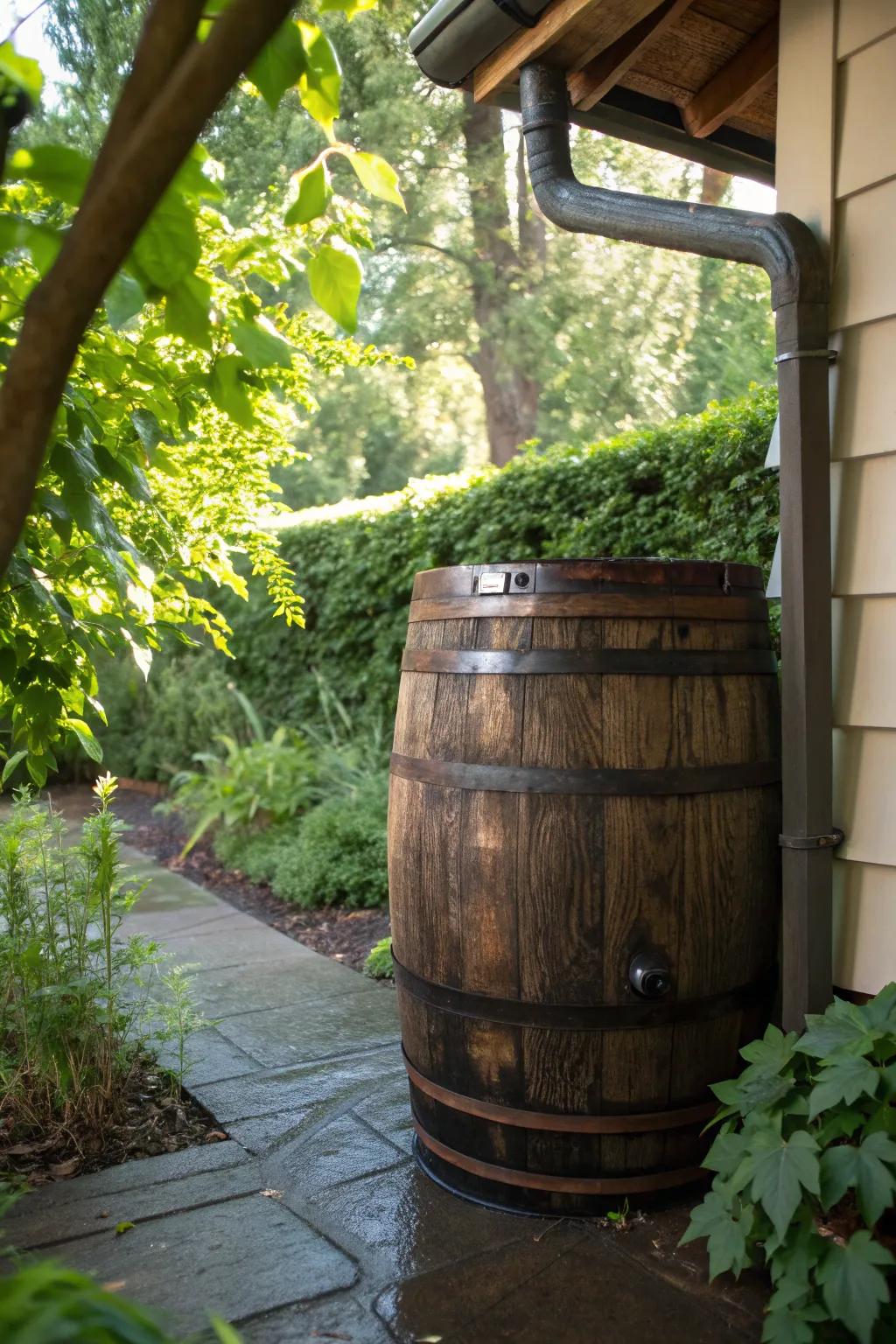 Embrace sustainability with a touch of vintage charm: the classic wooden rain barrel system.