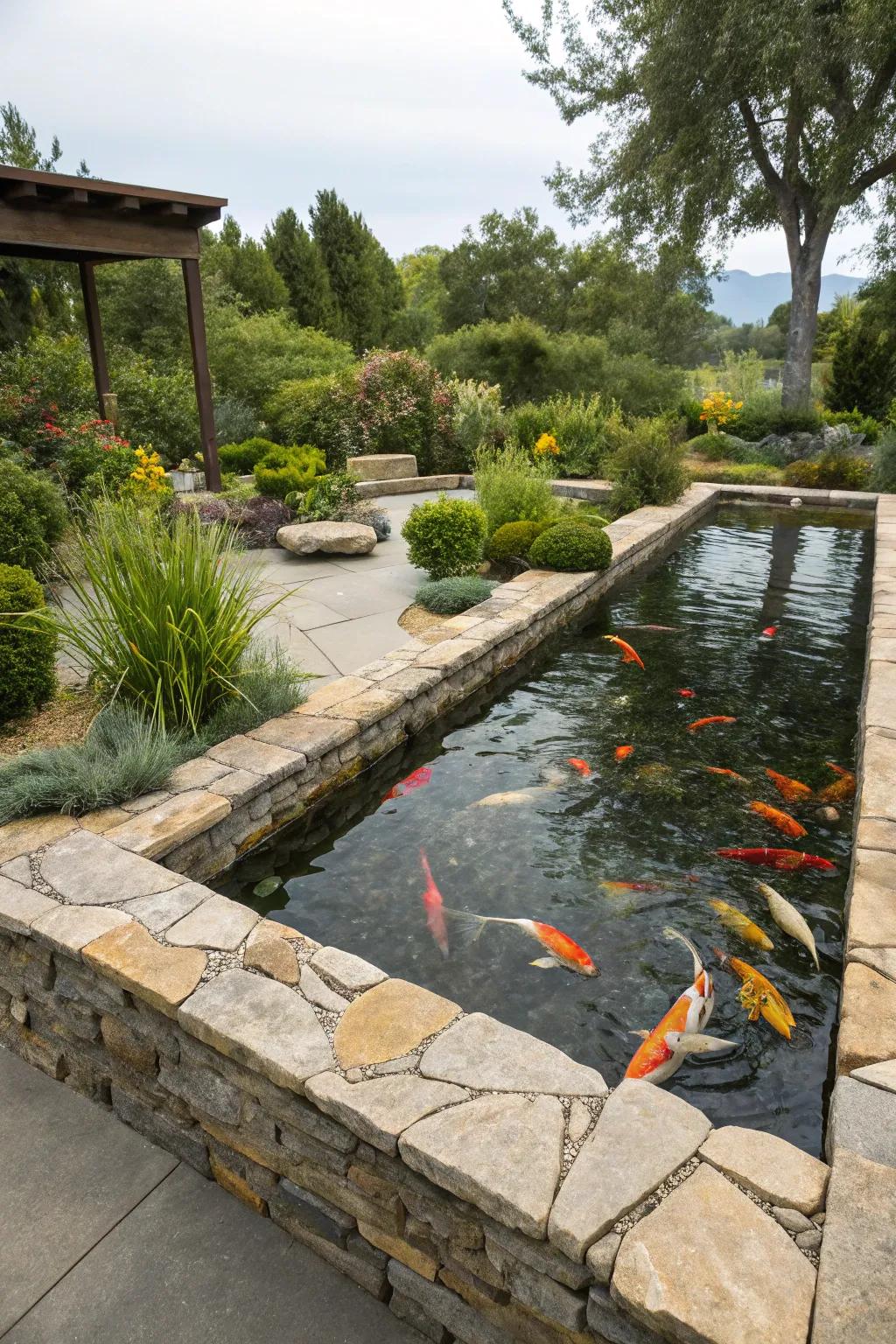 An elevated koi pond adorned with unpolished natural stone outlines.