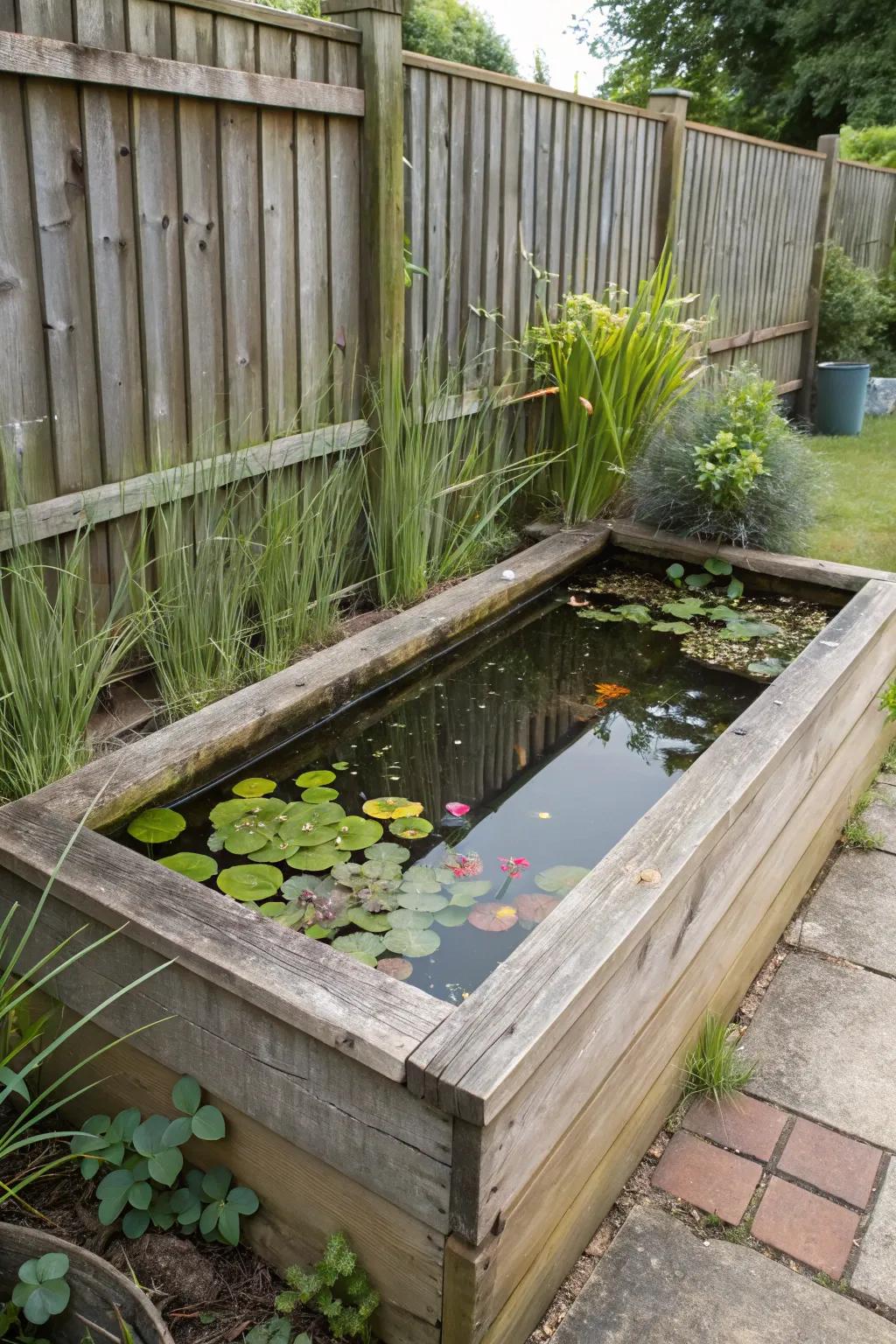 The rectangular pond adds a contemporary vibe and optimizes space.