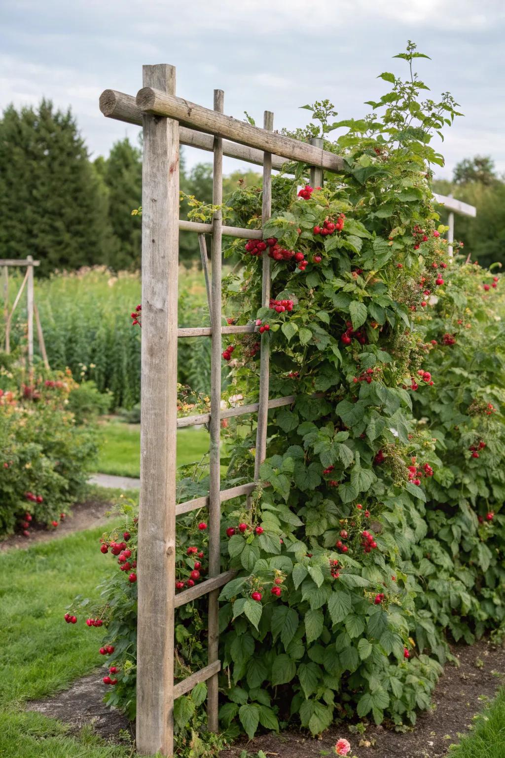 A traditional wooden trellis stands proudly amidst a raspberry patch.