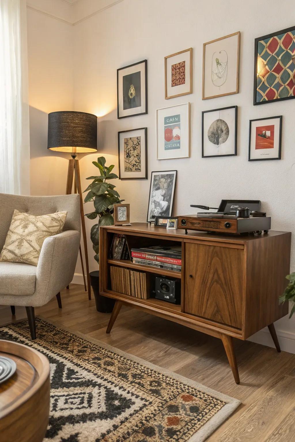 Mid-century modern record player setup with vintage charm.