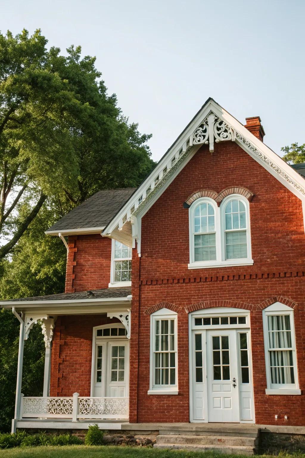 Pristine white trim beautifully contrasts with red brick, exuding timeless elegance.