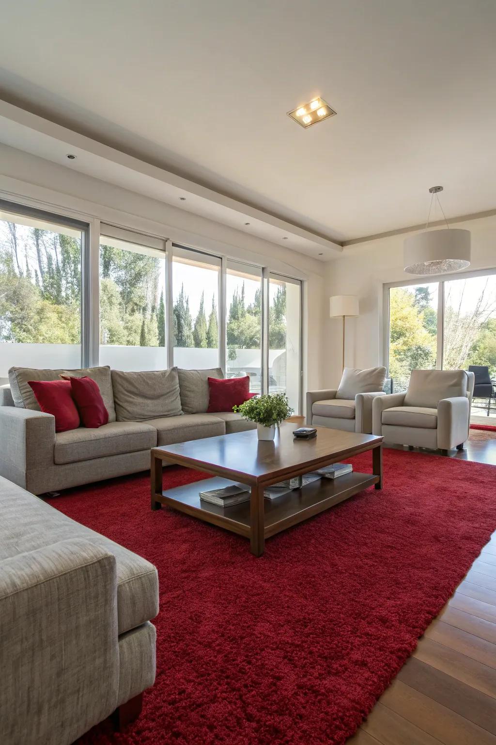 A modern lounge having a luxurious crimson floor covering defining the seating area.