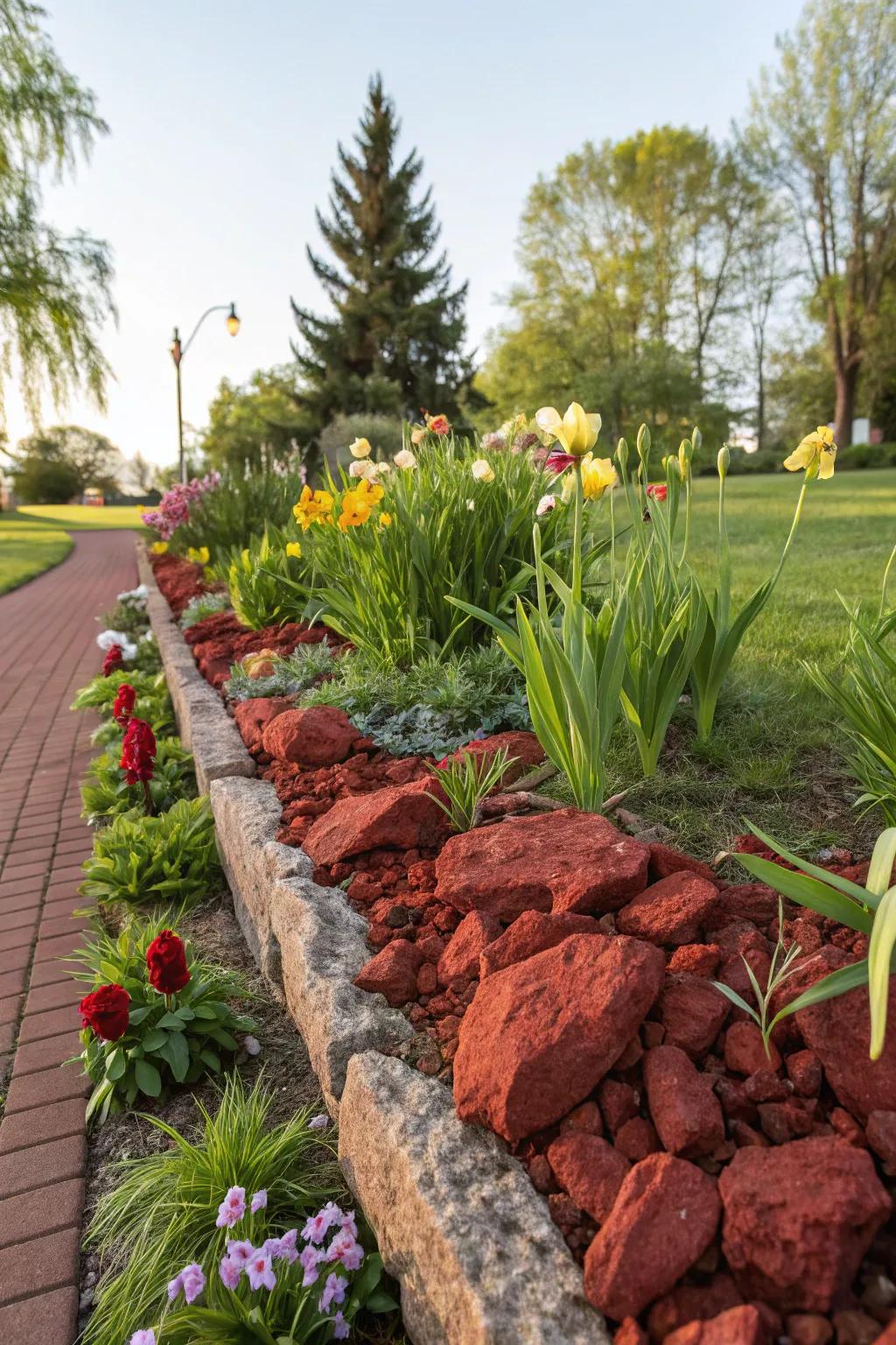 Red lava rocks form a crisp border, enhancing the vibrancy of the garden's colors.