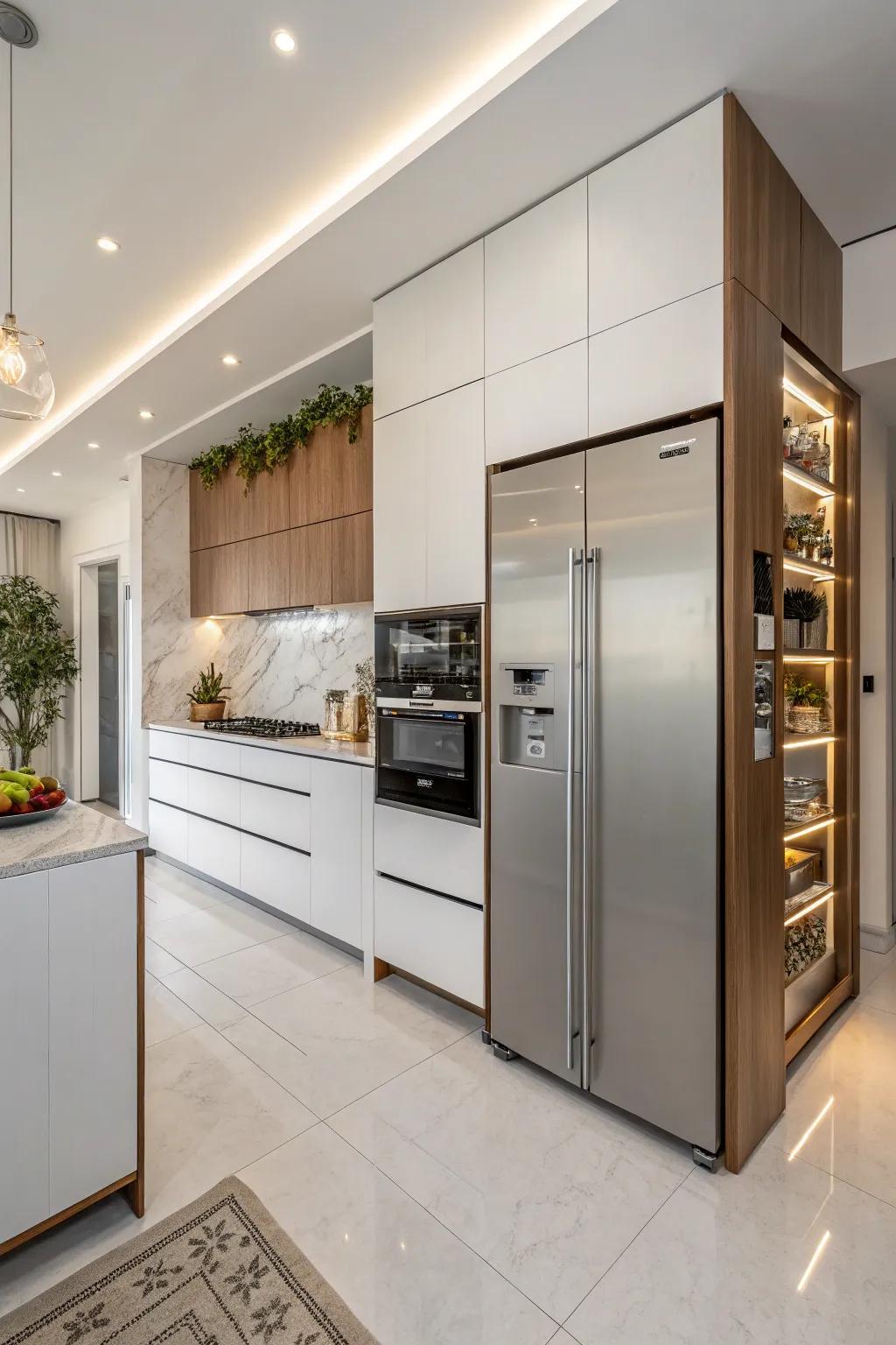 An integrated refrigerator adds a touch of elegance and harmony to a modern kitchen.