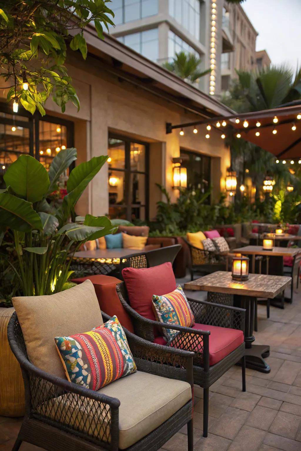 A cozy corner seating area designed for intimate gatherings on a restaurant patio.