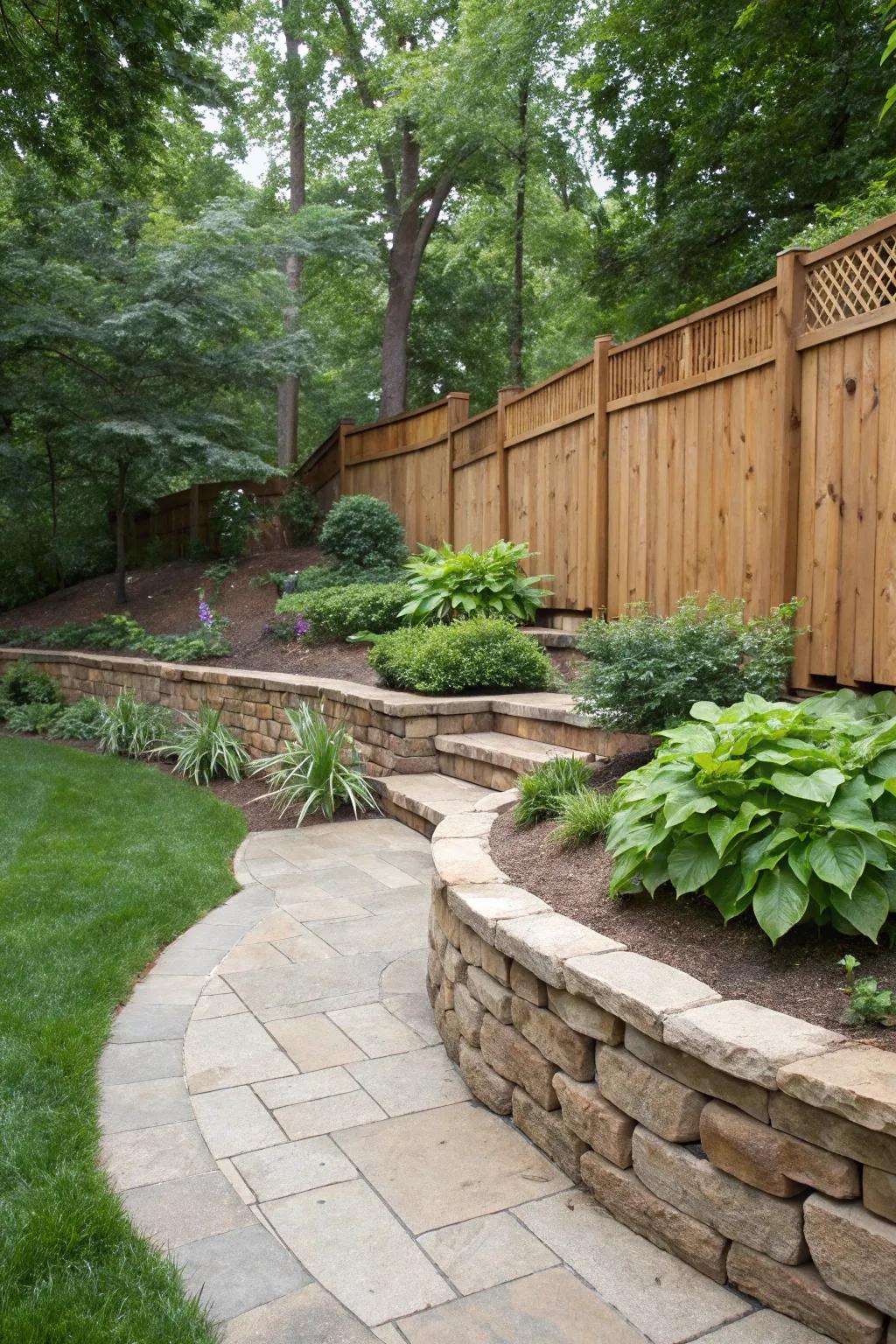 A backyard scene showcasing the beautiful harmony of wood and stone.