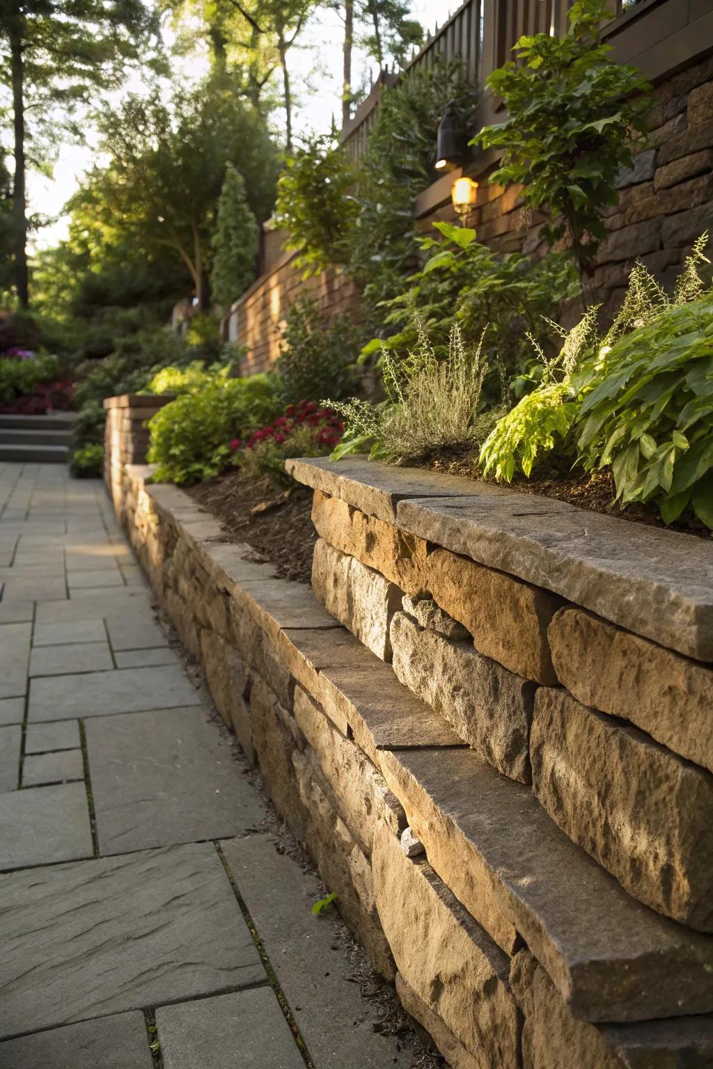 Timeless sophistication: An organic stone retaining wall merges artistically with the surrounding nature.