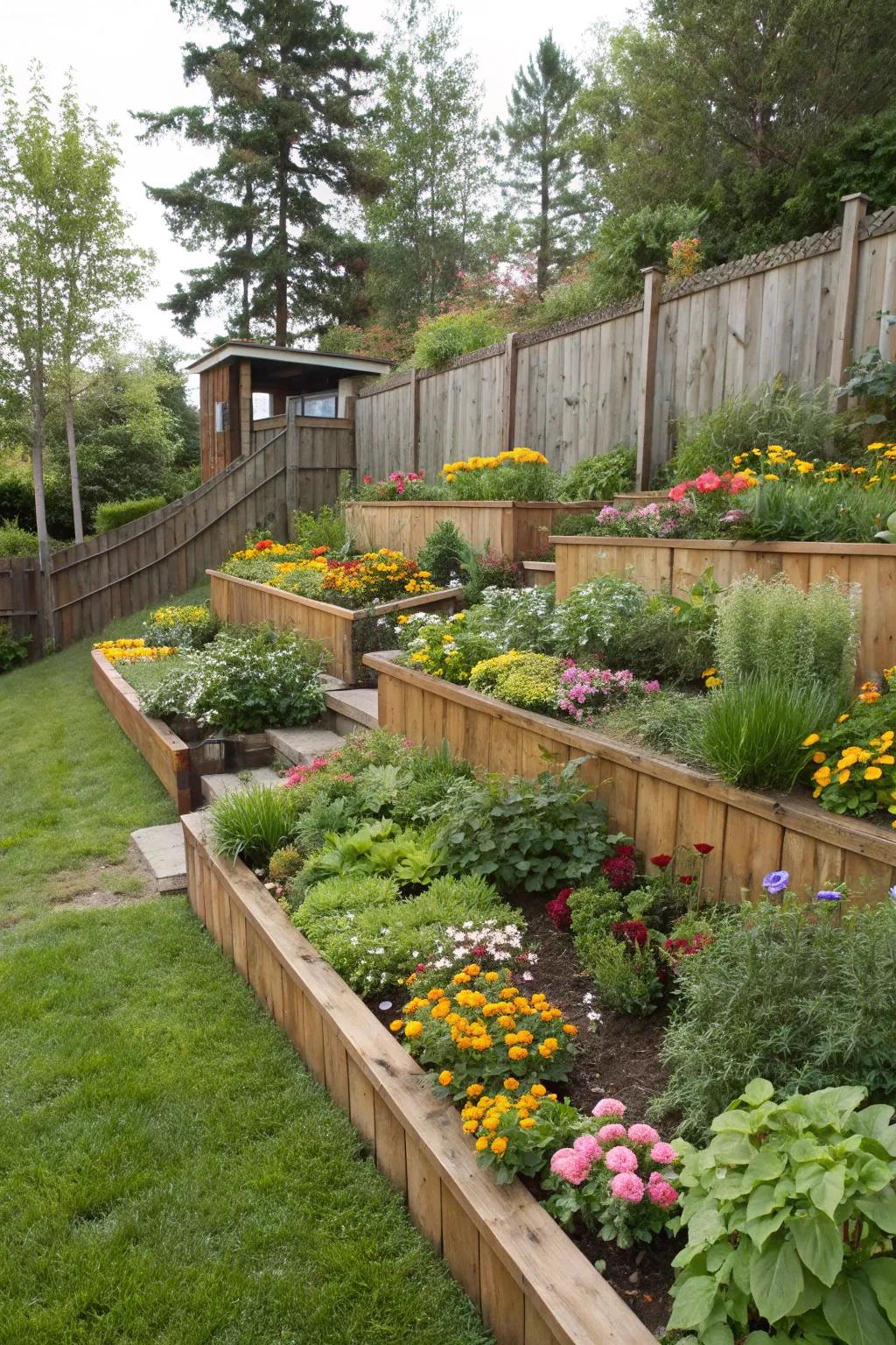 Construct a tiered garden with retaining walls for a vivid, layered spectacle.