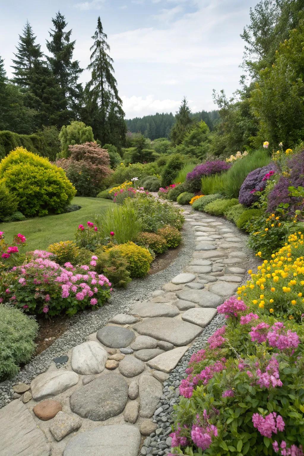 A serene stream stone path welcomes you to meander through nature's splendor.