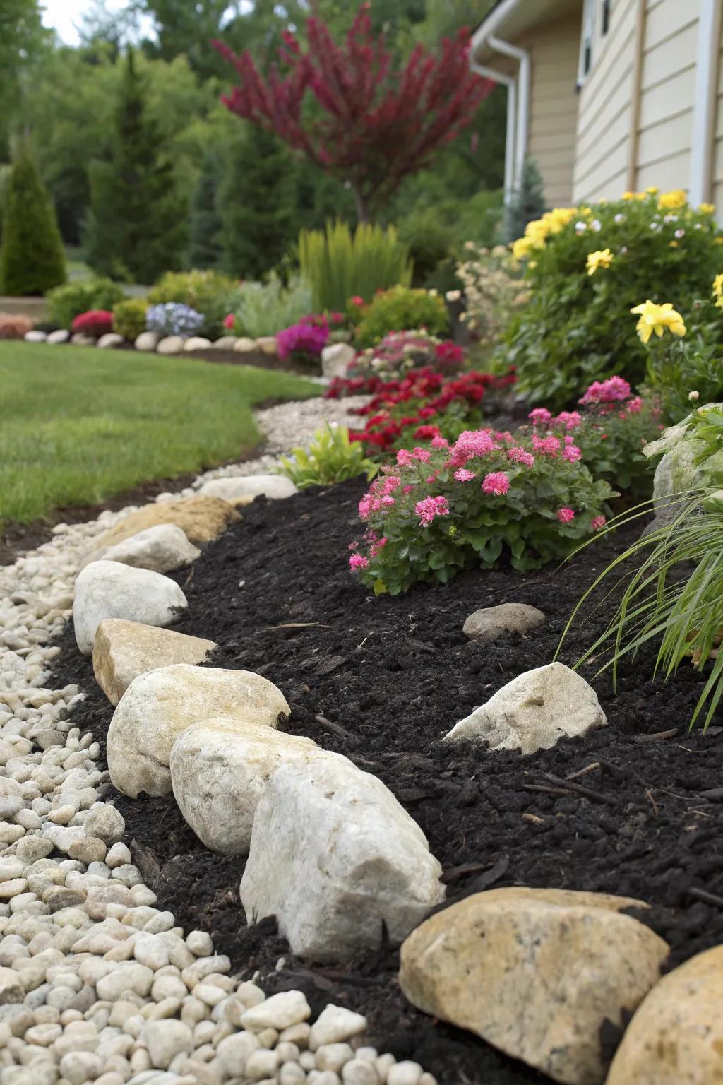 Contrast of dark mulch and light rocks creates a striking effect in this garden.