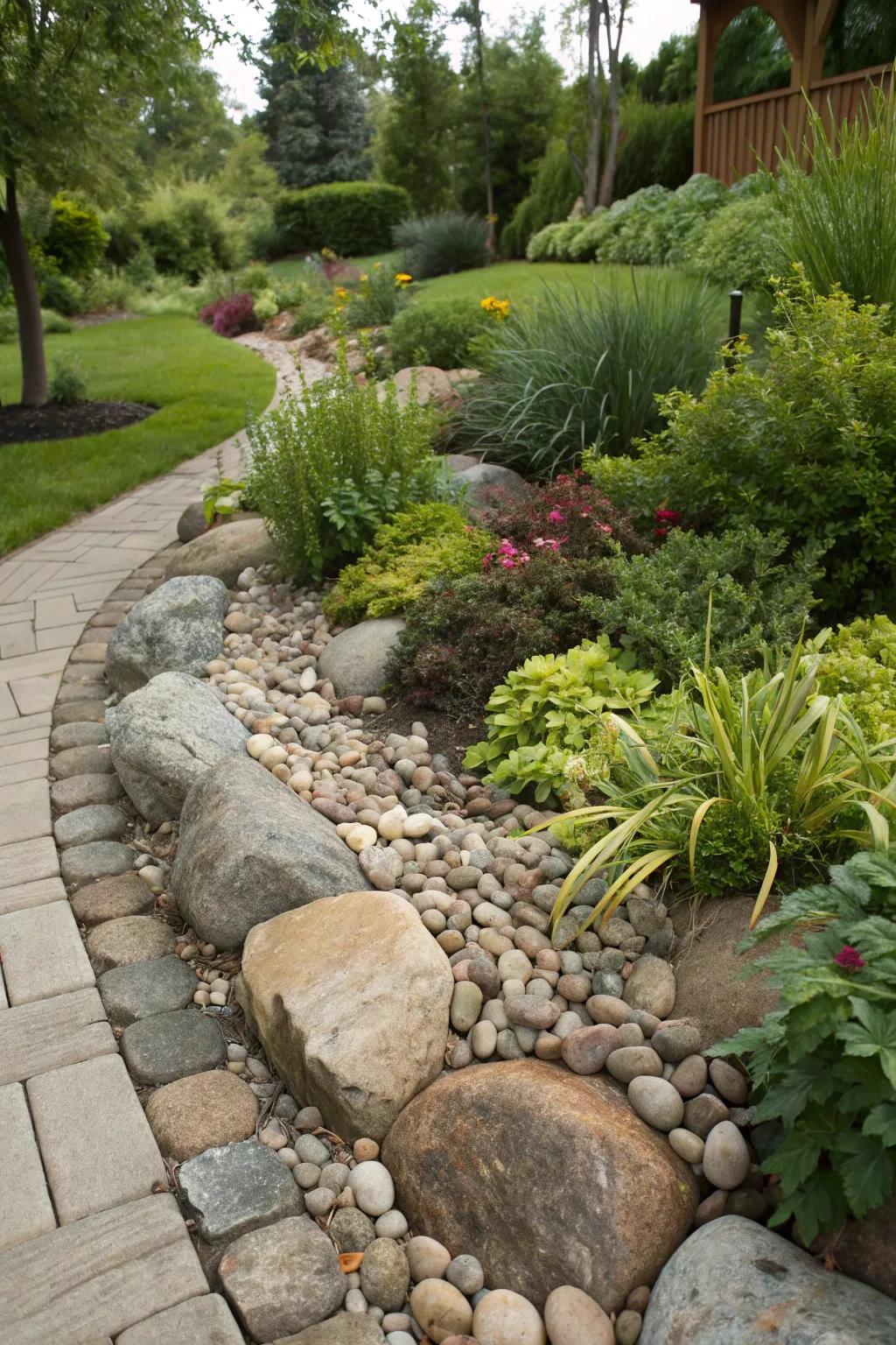 An exquisitely defined garden bed featuring smooth water-worn stones, enhancing the inherent allure of the flora.