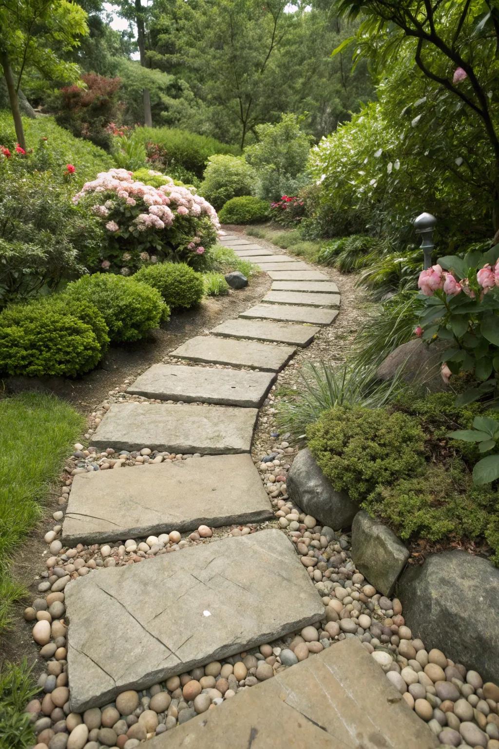 An organic stone pathway encourages exploration through verdant surroundings.