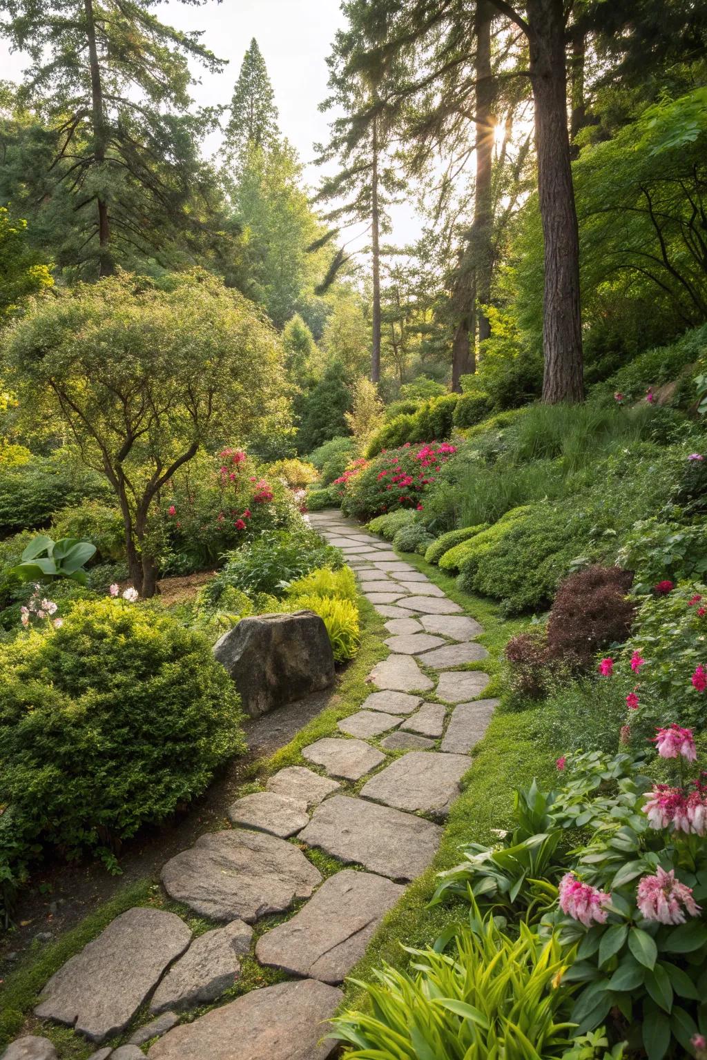 A twisting stone path cutting through a flourishing, welcoming garden.